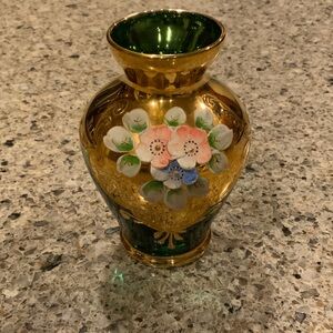 Vintage Bohemian Czech Green Glass With Gold Trim Vase